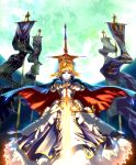  absurdres ahoge armor armored_dress banner belt blonde_hair braid cloak dress fate/stay_night fate_(series) faulds flag full_moon gloves green_eyes highres jian_huang moon saber solo sword type-moon weapon 