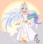  celestia celestia_(my_little_pony) choker cleavage cloud crown detached_sleeves dress high_heels highres long_hair multicolored_hair my_little_pony my_little_pony_friendship_is_magic open_mouth personification pink_eyes seiryuga shoes smile solo sparkle sun sunbeam sunlight tiara very_long_hair wings 