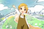  blonde_hair bridge drill_hair hair_ornament kyubey mahou_shoujo_madoka_magica open_mouth parody river shiotan smile solo style_parody tomoe_mami ufo waving wind_turbine windmill yellow_eyes young yuru_yuri 