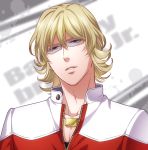  bad_id barnaby_brooks_jr blonde_hair glasses green_eyes jacket jewelry kuren male necklace red_jacket solo tiger_&amp;_bunny 