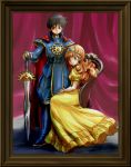 blue_eyes brown_hair chinyan dragon_quest dragon_quest_i dress hero_(dq1) long_hair painting_(object) portrait_(object) princess_laura smile sword tiara weapon 