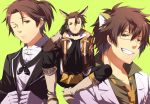  alternate_costume alternate_hairstyle alvin_(tales_of_xillia) animal_ears bad_id bespectacled boots brown_eyes brown_hair bunny_ears cat_ears choker cravat formal glasses gloves grin kemonomimi_mode labcoat male multiple_boys necktie pants side_ponytail sitting smile suit tales_of_(series) tales_of_xillia una wink 