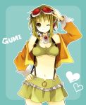 adjusting_goggles anzu_(o6v6o) breasts goggles goggles_on_head green_eyes green_hair gumi headphones jacket megpoid_(vocaloid3) midriff navel short_hair skirt smile solo suspenders under_boob underboob vocaloid wink 