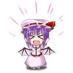  &gt;:) &gt;:d &gt;_&lt; :d arms_up bat_wings blush_stickers chibi cosplay dress fang hat ichimi nagae_iku open_mouth purple_hair remilia_scarlet remilia_scarlet_(cosplay) short_hair simple_background smile solo touhou wings xd 