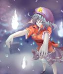  beret blue_eyes blue_hair cherry_blossoms fire flame fog grave graveyard hat highres jiangshi miyako_yoshika ofuda outstretched_arms pekoneko pekoneko_(necosupiritu) perspective petals shirt short_hair skirt solo star touhou tree zombie_pose 