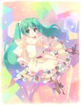  aqua_eyes aqua_hair beads bird blush bracelet colorful cube dress from_above gloves hair_ornament hatsune_miku jewelry light_particles long_hair open_mouth ribbon santa_matsuri scarf shoes sitting solo twintails vocaloid 