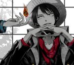  2boys brothers fire flame formal gendou_pose hands_clasped hat jacket male monkey_d_luffy multiple_boys necktie one_piece one_piece:_strong_world polka_dot portgas_d_ace red_shirt scar short_hair siblings spot_color spots straw_hat zeke_69 