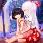  animal_ears bad_id barefoot black_hair bunny_ears feet fujiwara_no_mokou highres inaba_tewi jewelry maccha_cocoa multiple_girls necklace red_eyes sitting sitting_on_lap sitting_on_person strap_slip touhou white_hair 
