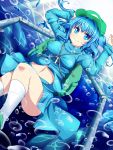  backpack bag blue_eyes blue_hair breasts bubble fukunaga_kazuhiro hat highres kawashiro_nitori key navel randoseru rope smile solo touhou 