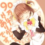  brown_hair closed_eyes eyes_closed gift hair_ribbon hits holding holding_gift kurasuke kurasuke's_maid_girl lying maid maid_headdress on_back open_mouth original ribbon short_hair sleeping solo twintails 