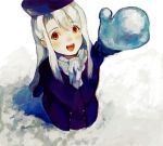  coat fate/stay_night fate_(series) hat illyasviel_von_einzbern long_hair mittens open_mouth perspective potatozoo red_eyes scarf silver_hair snow solo white_hair winter_clothes 