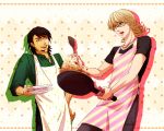  apron barnaby_brooks_jr blonde_hair brown_eyes brown_hair cooking dishes facial_hair fried_rice frying_pan glasses green_eyes highres jewelry kaburagi_t_kotetsu male multiple_boys necklace short_hair spatula stubble t-shirt tiger_&amp;_bunny v-sil 