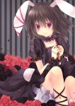  alternate_color animal_ears black_rose black_rose_(flower) bow brown_hair bunny_ears carrot dress flower inaba_tewi jewelry marotti nail_polish red_eyes red_rose rose short_hair smile solo tail touhou 