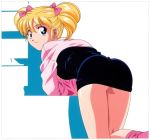  90s artist_request ass ass_cheek bent_over blonde_hair blue_eyes bow character_request from_behind hair_bow idol_densetsu_eriko long_hair long_sleeves looking_at_viewer looking_back miniskirt official_art oldschool skirt smile solo tamura_eriko twintails yamauchi_noriyasu 