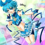  bike_shorts blue_eyes blue_hair blue_legwear blue_ribbon bow character_name cure_blue dress fingerless_gloves frills gathers gloves hair_between_eyes hair_ribbon kneehighs magical_girl midriff navel nishijima_waon nzack pointing precure ribbon ruffles shoes short_hair smile solo spiked_hair spiky_hair suite_precure what_if 