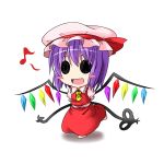  arms_behind_back ascot blush_stickers chibi cosplay flandre_scarlet flandre_scarlet_(cosplay) hat ichimi laevatein musical_note nagae_iku open_mouth purple_hair short_hair solid_circle_eyes solo the_embodiment_of_scarlet_devil touhou wings 