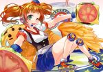  ayasugi_tsubaki bread cheese food green_eyes hamburger hat headset idolmaster inline_skates knee_pads lettuce microphone orange_hair roller_skates sitting skates skirt solo sweatdrop takatsuki_yayoi tomato twintails wink 