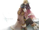  1girl alvin_(tales_of_xillia) blonde_hair boots bow brown_hair closed_eyes coat comforting couple dress elise_lutas elise_lutus eyes_closed frills gloves height_difference hug ichinose_(sorario) light_particles pants ribbon ruffles sad short_hair sitting tales_of_(series) tales_of_xillia title_drop 