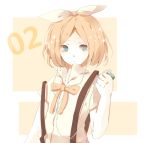  alternate_costume blonde_hair blue_eyes bow digital_media_player earphones kagamine_rin lowres naniiro rectangle ribbon short_hair solo star suspenders vocaloid yellow 