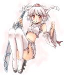  adapted_costume animal_ears bare_shoulders brown_eyes convenient_leg detached_sleeves geta hat inubashiri_momiji manyu midriff miniskirt navel no_tail rough short_hair silver_hair simple_background skirt solo sword thigh-highs thighhighs tokin_hat touhou weapon white_legwear wolf_ears 