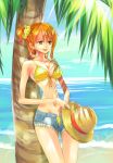  breasts cleavage cutoffs earrings front-tie_top hat hat_removed headwear_removed highres himerinco jewelry large_breasts lips midriff nami narrow_waist navel one_piece open_fly orange_hair palm_tree short_hair shorts skinny slender_waist solo straw_hat tree unzipped 