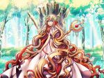  1girl blonde_hair blue_eyes dress food forest fruit grapes long_hair looking_at_viewer magi_the_labyrinth_of_magic nature plant scheherazade_(magi) solo staff tree very_long_hair 
