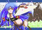  bell blue_hair fan hair_ornament horn long_hair midriff navel petals pointy_ears super_robot_wars super_robot_wars_og_saga_mugen_no_frontier suzuka_hime wink yellow_eyes 