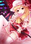  1girl bad_id blonde_hair candy flandre_scarlet hat highres laevatein licking lollipop nunucco pink_legwear red_eyes shirt side_ponytail sitting skirt skirt_set solo the_embodiment_of_scarlet_devil thigh-highs thighhighs touhou wings wrist_cuffs 