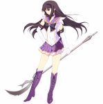  akemi_homura bee_(artist) bishoujo_senshi_sailor_moon black_hair boots bow brooch choker color_connection cosplay elbow_gloves glaive gloves hairband hand_on_hip highres hips jewelry long_hair magical_girl mahou_shoujo_madoka_magica pleated_skirt polearm purple purple_eyes purple_skirt ribbon sailor_collar sailor_moon_musical sailor_saturn sailor_saturn_(cosplay) silence_glaive skirt solo spear violet_eyes weapon white_background white_gloves 