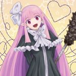  barbed_wire bow club disgaea earrings hair_ribbon hairband happy heart jewelry long_hair mage_(disgaea) open_mouth pink_hair pointy_ears red_eyes ribbon shawl smile solo spiked_club tamazen very_long_hair weapon 