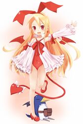  blonde_hair bow creature cupen disgaea earrings fang flonne flonne_(fallen_angel) hair_ribbon heart highres jewelry leotard long_hair makai_senki_disgaea pointy_ears prinny red_eyes ribbon shoes smile standing_on_one_leg tail wings 