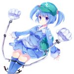  aqua_eyes aqua_hair backpack bag blue_eyes blue_hair blue_legwear hair_bobbles hair_ornament hat kawashiro_nitori mechanical_arms randoseru robotic_arms shirt skirt skirt_set smile solo thigh-highs thighhighs tikuwakure touhou twintails uiroutsuji_yumihiko zettai_ryouiki 