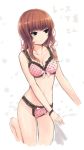  black_eyes bra breasts brown_hair cleavage coffee-kizoku female lace-trimmed_bra lace-trimmed_panties lingerie long_hair navel open_mouth original panties pink_bra pink_panties polka_dot polka_dot_bra polka_dot_panties red_hair solo underwear underwear_only 