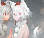  2girls albino animal_ears colored_eyelashes dated gradient gradient_background hands_together hat inubashiri_momiji looking_at_another looking_at_viewer multiple_girls multiple_persona pale_skin pom_pom_(clothes) red_eyes short_hair string suzki00 tail tokin_hat touhou turtleneck twitter_username upper_body white_hair wolf_ears wolf_tail 