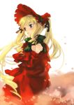  blonde_hair blue_eyes bonnet gothic_lolita hands_on_chest hands_on_own_chest lolita_fashion long_hair molly rozen_maiden shinku solo 