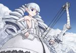  archer_(disgaea) belt blue_eyes bow_(weapon) cloud disgaea dress drill_hair flat_chest long_hair no_bra pointy_ears sky smile tamazen twin_drills twintails weapon white white_hair 