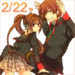  brother_and_sister brown_hair cat_ears juri_(nattoutomato) little_busters!! long_hair natsume_kyousuke natsume_rin plaid plaid_skirt ponytail red_eyes school_uniform short_hair siblings skirt tail 