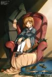  absurdres armchair bob_cut brown_eyes brown_hair bullet bullpup cardigan crease feet_on_chair gun gunslinger_girl handgun henrietta highres instrument_case ishii_kumi left-handed loafers megami official_art open_cardigan p90 pistol scan shoes sig_sauer sitting socks weapon window_shade 