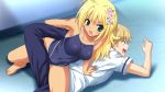  1girl artist_request blonde_hair game_cg green_eyes hair_ornament long_hair love-bride_eve mutsumi_masato natsume_himawari on_floor one-piece_swimsuit school_uniform submission submission_hold swimsuit wrestling 