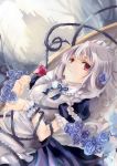  blue_rose bow braid flower giaour izayoi_sakuya maid maid_headdress red_eyes red_rose rose silver_hair solo the_embodiment_of_scarlet_devil touhou twin_braids vines wrist_cuffs 