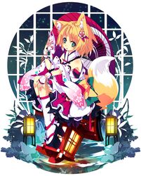  animal_ears blonde_hair flower fox_ears fox_mask fox_tail green_eyes hair_flower hair_ornament lantern mask original shirokitsune sitting solo tail umbrella water wooden_lantern 