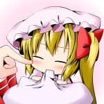  biting blonde_hair blush bow cheek_poke chibi closed_eyes eyes_closed flandre_scarlet hair_bow hair_ribbon hat hat_ribbon ichimi pillow poking red_eyes ribbon short_hair side_ponytail solo touhou wings 