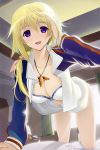  barefoot blonde_hair bra breasts charlotte_dunois cleavage highres infinite_stratos jewelry lingerie long_hair looking_at_viewer okingjo open_clothes pendant purple_eyes signature solo track_jacket underwear uniform violet_eyes window 