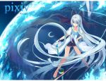  aki_(mare_desiderii) bare_legs barefoot blue_eyes blue_hair boots bow breasts cleavage earrings female hair_bow hair_ornament hand_on_hip headdress hips jewelry light_smile long_hair nail_polish partially_submerged personification pixiv pixiv-tan planet pleated_skirt skirt smile solo star very_long_hair water 
