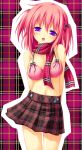  arms_behind_back bare_shoulders breasts buttons cleavage large_breasts midriff oppai_loli pink_hair plaid plaid_scarf plaid_skirt purple_eyes purple_hair scarf short_hair skirt tartan 