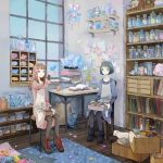  apron black_hair blue_hair book brown_hair cat chair crystal dress empty_eyes flower holding multiple_girls original pantyhose paper room shelf shoes short_hair sitting smile tish yuuko_(artist) yuuko_(nora0x0) 