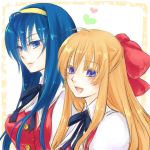  blonde_hair blue_eyes blue_hair bow hair_bow hair_ribbon hairband happy heart himemiya_chikane kannazuki_no_miko kurusugawa_himeko lips long_hair multiple_girls nuska open_mouth ribbon school_uniform smile 