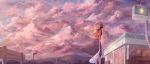  1girl bag bou_nin brown_hair clouds evening highres landscape long_hair looking_away original pink popsicle profile shopping_bag skirt skirt_lift sky solo twintails wind 