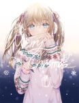  1girl backlighting bangs blonde_hair blue_eyes blush covered_mouth dangmill earmuffs gift long_hair looking_at_viewer merry_christmas nail_polish original sleeves_past_wrists snowflakes solo turtleneck twintails upper_body white_nails 