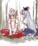  akr_et bad_id bamboo bamboo_forest blue_hair blush dress embarrassed faux_traditional_media forest fujiwara_no_mokou hair_ribbon hand_in_hair hat indian_style kamishirasawa_keine long_hair long_sleeves looking_away multiple_girls nature pants red_eyes ribbon short_sleeves silver_hair sitting smile suspenders touching touhou traditional_media watercolor_(medium) 